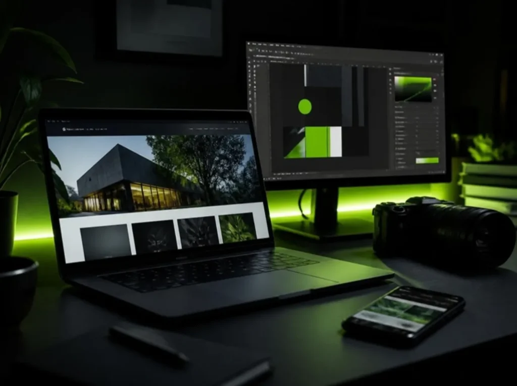 Creative digital workspace with laptop, design monitor and camera lit in lime green