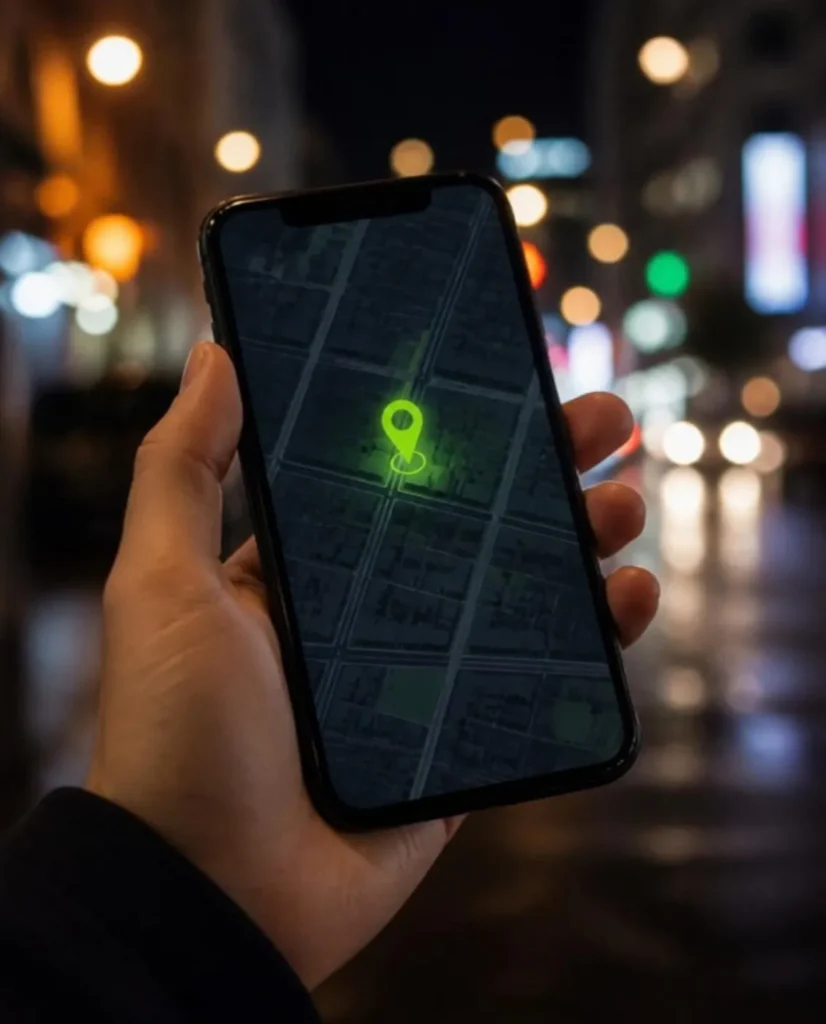 Smartphone map with a location pin for Google Business Profile and local SEO