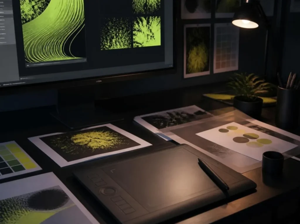Graphic design studio desk with poster artwork and pen tablet