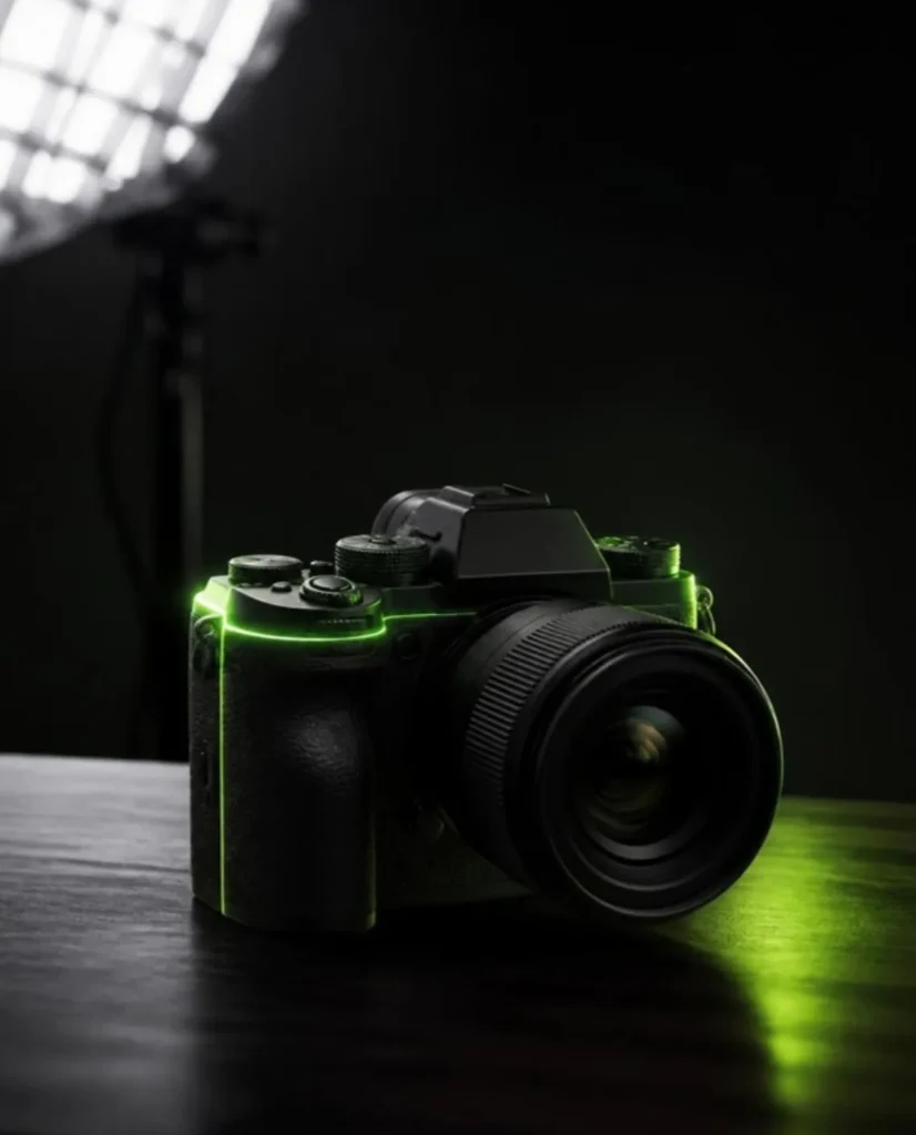 Professional photography camera in a dark studio with lime light