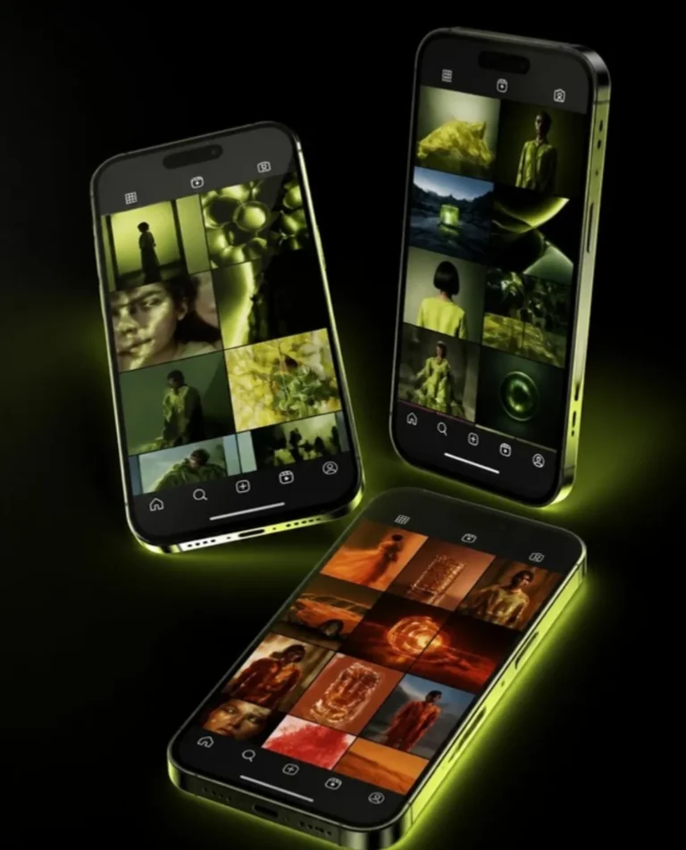 Social media campaign concept shown on three smartphones