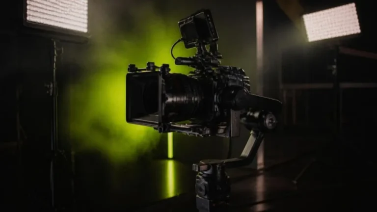 Cinema video camera on a gimbal in a film studio for videography
